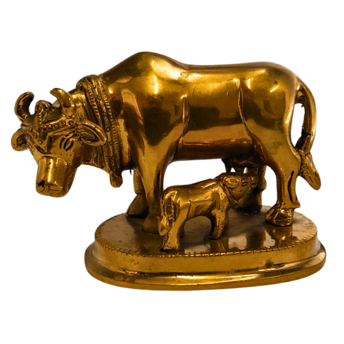 BRASS KAMDHENU (GOMATHA) COW AND CALF STATUE (2.5 X 3 INCHES)