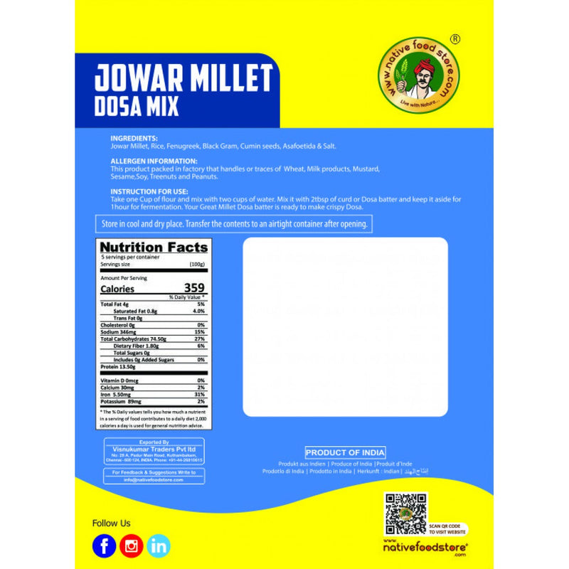 NATIVE FOOD STORE MILLET DOSA MIX 500G - CHOLAM (JOWAR - SORUGHUM)